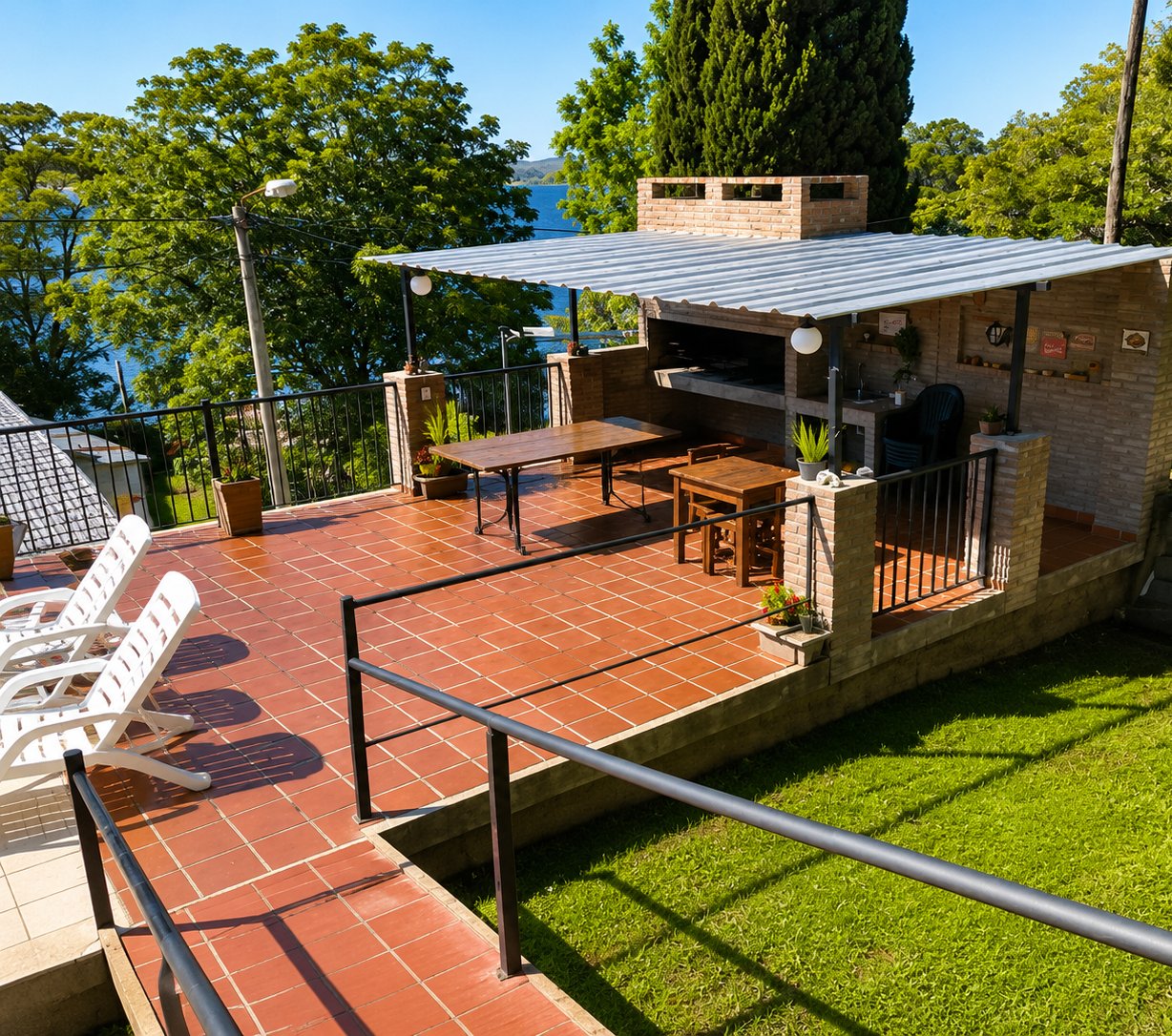 Terraza con parrilla y vista al Lago Embalse